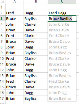 Excel spreadsheet showing a dropdown list of full names, with "Bruce Bayliss" selected. : Office-Watch.com